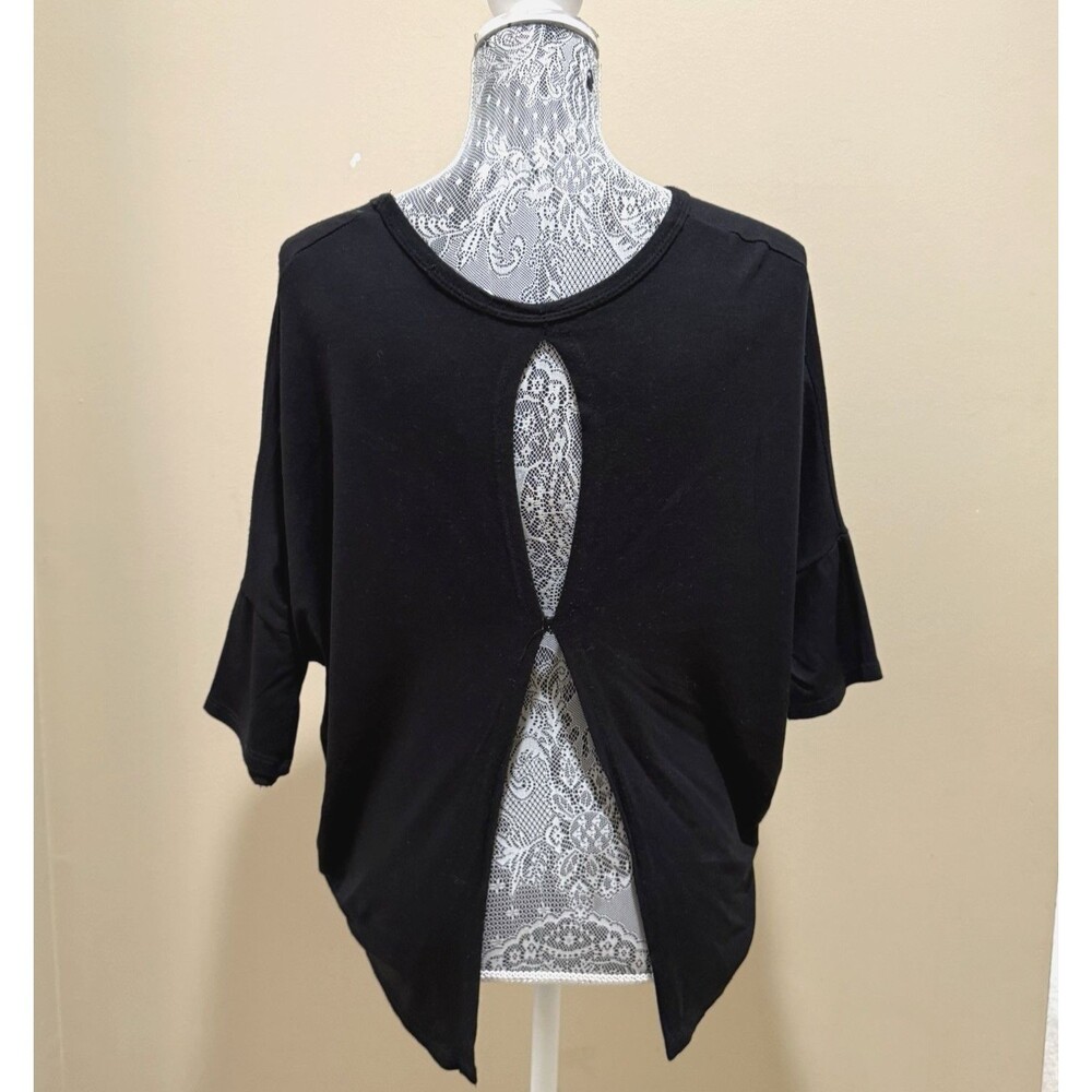 Lovely 153 Open Back Crop Top Black Women's Sz S 3/4 Sleeve Draped Shirt Blouse